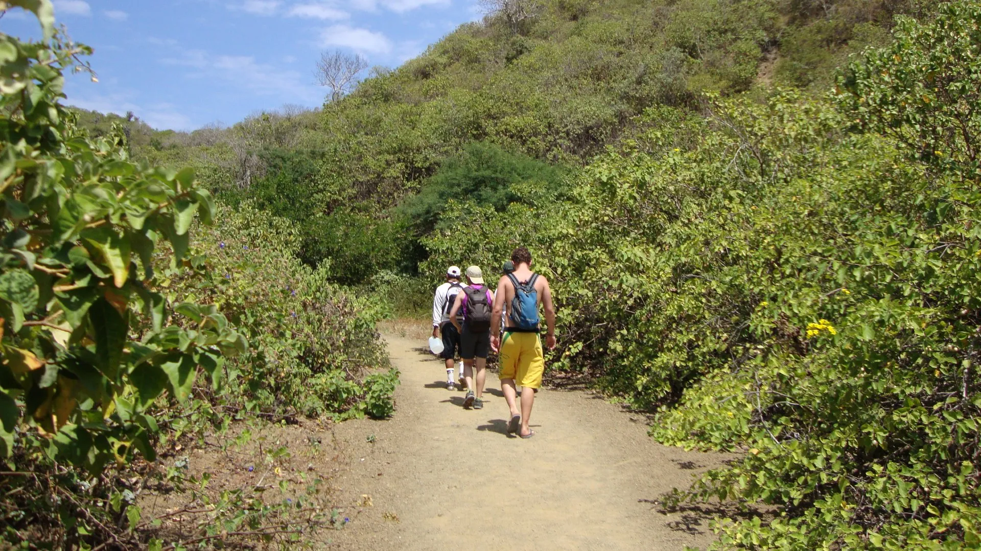 Travelers with backpacks walking through the natural trails of Isla de la Plata, Manabí, Ecuador.