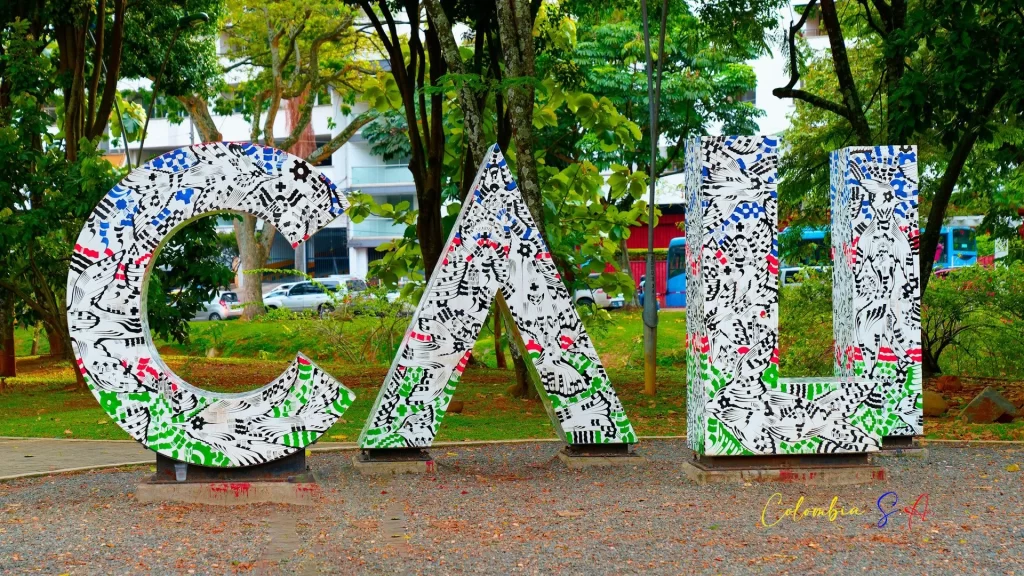 Urban sculpture featuring the letters “Cali” decorated with local art-Cali culture